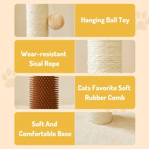 Miniatura 4 de MeowHomm Poste rascador para gatos de 32 pulgadas con cepillo para gatos, cuerda de sisal, poste rascador alto para gatos con bola colgante suave