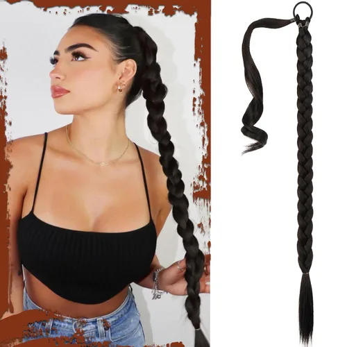 Miniatura 66 de Sofeiyan Extensión de cola de caballo de trenza larga con banda para el cabello, lacio, elegante, envolvente, extensiones de cabello trenzado, cola