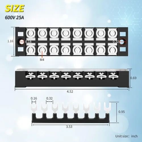 Miniatura 2 de Joinfworld Bloque de terminales 25A 600V Tira de terminales de tornillo de doble fila con tapa, bloque de terminales de cable preaislado de 8