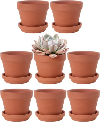 INGOFIN Macetas de terracota de 4 pulgadas con platillos, paquete de 8 macetas de arcilla poco profunda con agujeros de drenaje para suculentas,