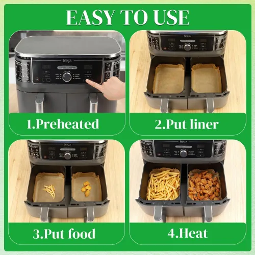 Miniatura 11 de BYKITCHEN 300 piezas de revestimientos para freidora de aire para Ninja Dual Airfryer, papel pergamino desechable rectangular para freidora de aire