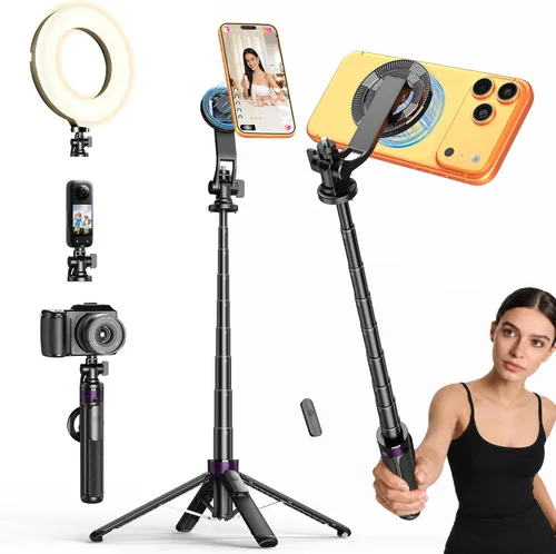 Trípode magnético 4 en 1 para iPhone con tornillo de 1/4 pulgadas, trípode MagSafe Selfie Stick de 53 pulgadas con control remoto inalámbrico y