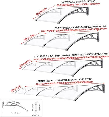 Miniatura 5 de Toldo de aleación de aluminio para puerta delantera, toldo de porche, cubierta de policarbonato transparente silenciosa, cubierta de refugio