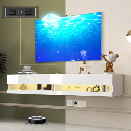 Miniatura 10 de Soporte flotante para TV montado en la pared con toma de corriente, moderno centro de entretenimiento flotante para TV de 70 pulgadas, estante