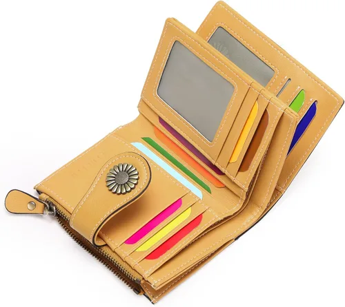 Miniatura 14 de SENDEFN - Billetera pequeña de piel auténtica para mujer, diseño plegable con ventana para tarjeta de identificación