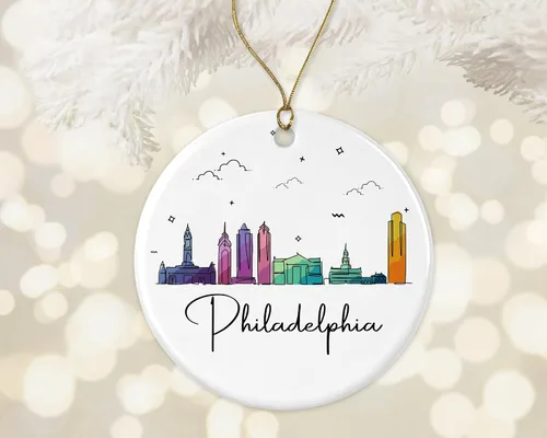 Miniatura 2 de Adorno de la ciudad de Filadelfia, adorno de Navidad de la ciudad de Filadelfia, adorno de Navidad de puntos de referencia, gráfico colorido