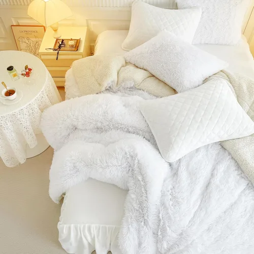 Miniatura 5 de UOZZI BEDDING Juego de edredón blanco de piel sintética tamaño Queen de 3 piezas, 1 juego de edredón blanco lanudo y 2 fundas de almohada, ultra