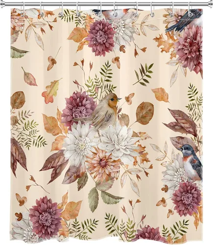 Miniatura 2 de LB Cortina de ducha de flores blancas y moradas para baño, lindo pájaro y hojas de otoño sobre tela beige con ganchos, juego botánico floral