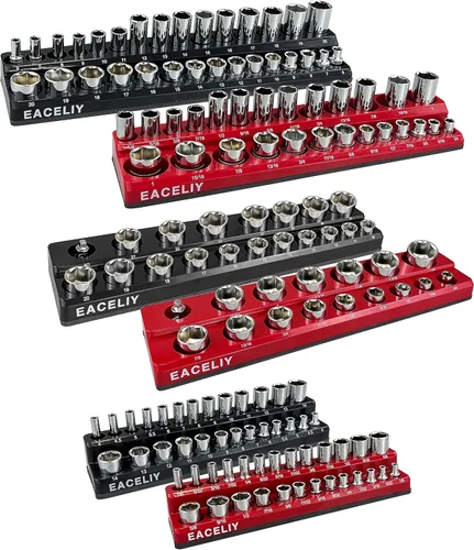 EACELIY Juego de Organizador Magnético de Llaves de Vaso de 6 Piezas, Kit de 1/2", 1/4" y 3/8" SAE y Métrico para Llaves de Vaso Profundas y