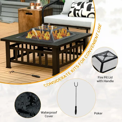 Miniatura 4 de Tangkula Chimenea 3 en 1 para exteriores, chimenea cuadrada de acero de 32 pulgadas con pantalla de chispa, rejilla de troncos, parrilla