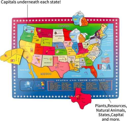 Miniatura 4 de Rompecabezas de madera de mapa de Estados Unidos, rompecabezas de mapa de 46 piezas para niños, rompecabezas educativos de geografía de Estados