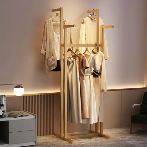 Miniatura 6 de Percheros Dorados para Ropa, Perchero de Metal con 4 Brazos Rectos, Perchero de Pie para Colgar Ropa Resistente, 46" a 63" de Altura Ajustable