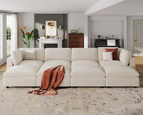 Miniatura 33 de VANOMi Sofá modular, cómodo sofá con marco de madera maciza de 3 asientos, sofá moderno certificado FSC para sala de estar, beige