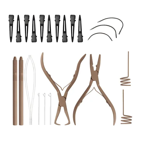 Miniatura 9 de Kit de herramientas de extensión de cabello, alicates de acero inoxidable de color tostado, micro cuentas, gancho removedor de bucle, clips