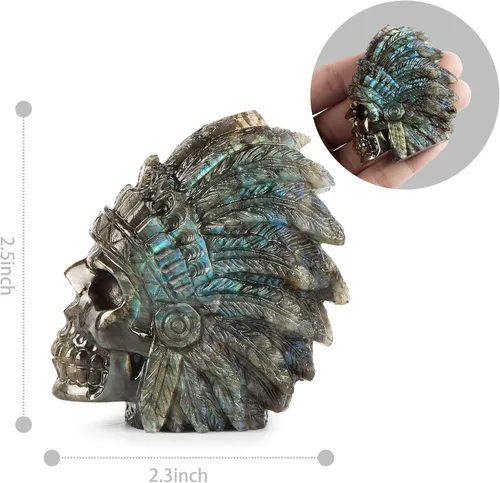 Miniatura 3 de SMQ Estatua de cabeza de calavera india de cristal de labradorita de 2.5 pulgadas, figura de calavera tallada a mano, adorno de piedra curativa