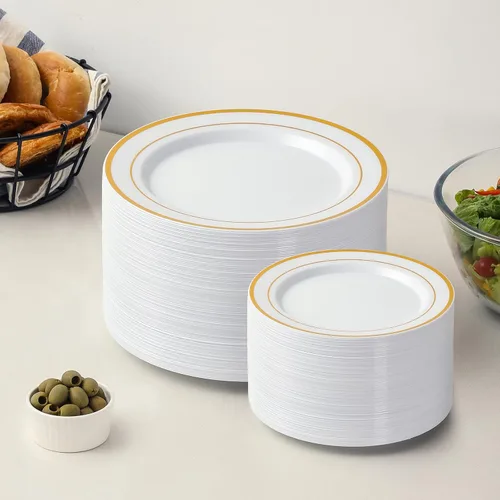 Miniatura 7 de AOZITA Juego de 200 piezas de platos de plástico dorados, platos desechables resistentes para fiesta y boda, incluye 100 platos de cena y 100 platos