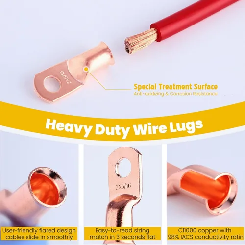Miniatura 26 de TKDMR - Kit de 264 piezas de extremos de cable de batería, 132 piezas de terminales de anillo de lengüetas de cable de cobre resistentes AWG 8 6 4 2