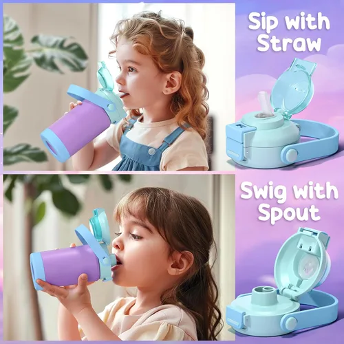 Miniatura 3 de Botella de agua aislada para niños con pop-open pajita y pico 2-en-1, botella de agua aislada de 14 onzas para niños, botella de acero inoxidable