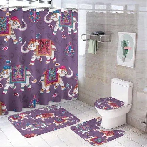 Juego de 4 cortinas de ducha con diseño de elefante de animales abstractos, diseño de mandala vintage indio, bohemio, antideslizante, cubierta de
