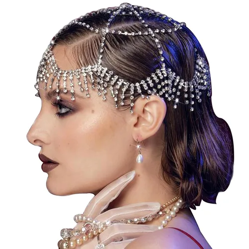 NAISKA Diadema de malla con diamantes de imitación de los años 20, con borla plateada, cadena de cabeza de cristal, tocados de novia, vintage,