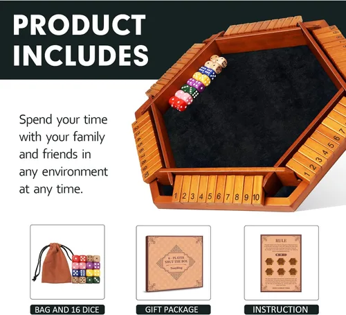 Miniatura 2 de TooyBing - Juego mejorado de dados Shut The Box, juego de mesa de madera para la familia de 1 a 6 jugadores para niños y adultos con 16 dados, juego