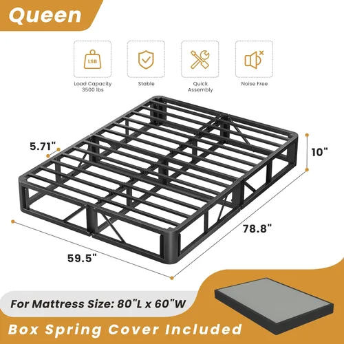 Miniatura 3 de MAF Base de somier Queen de 10 pulgadas de alto perfil para cama Queen, Base de cama tamaño Queen de 3500 lbs, Base de colchón de metal resistente