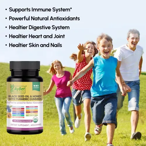Miniatura 3 de Gomitas de aceite de semillas negras y miel con cúrcuma – Suplemento 16 en 1 con vitaminas D3, B12, biotina y zinc – USDA orgánico, halal, vegano