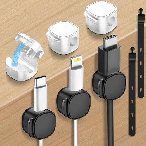 Paquete de 6, clips magnéticos para cables y bridas de silicona [organizador de cables ajustable debajo del escritorio], gestión de cables, soporte