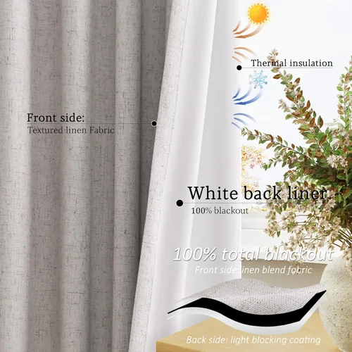 Miniatura 108 de Cream Linen Blackout Curtains 96 Length 2 Panels Set for Living Room Bedroom, 100% Black Out Thermal Insulated Linen Drapes, Room Darkening Grommet
