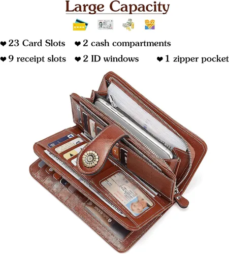 Miniatura 6 de BOSTANTEN Cartera de cuero genuino para mujer, de gran capacidad, cartera de mano, tarjetero con bloqueo RFID