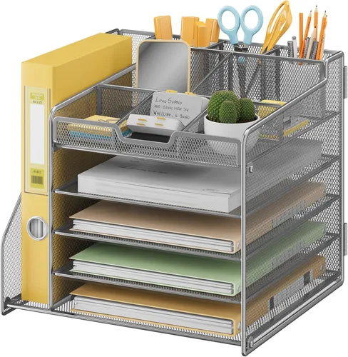 Miniatura 9 de Lavatino Organizador de escritorio, bandeja de papel de malla metálica de 5 niveles con 1 soporte para archivos y 7 divisores flexibles para Negro