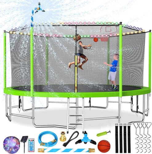 Lyromix - Cama elástica mejorada de 16 pies, 15 pies, 14 pies, 12 pies, 10 pies y 8 pies para exteriores con aro de baloncesto y red, capacidad para