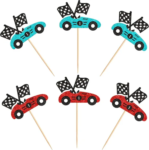 Miniatura 3 de 24 piezas de adornos para cupcakes de coche de carreras, trofeo brillante, bandera de carreras, decoraciones de pastel con temática de carreras