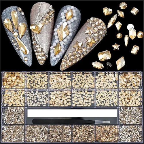 4880 diamantes de imitación champán para uñas, diamantes de imitación de cristal dorado para uñas, cuentas redondas de cristal con parte trasera