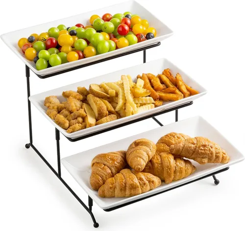 LYEOBOH Juego de soporte y bandejas escalonadas, soporte grande para bandeja escalonada, bandeja para servir de 3 niveles con estante plegable más