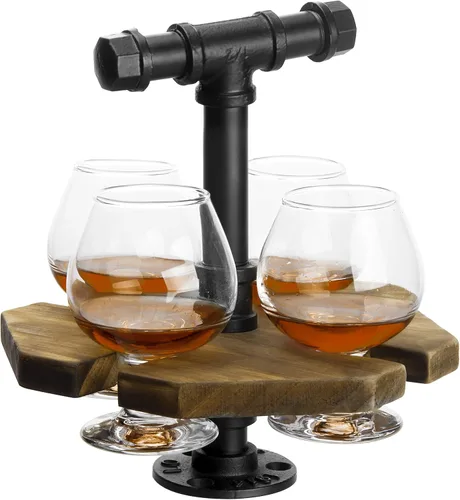 Miniatura 10 de MyGift Juego de servidor de vuelo de cerveza geométrica de madera maciza quemada con mango de tubo de metal industrial rústico, 4 vasos de cerveza