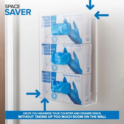 Miniatura 5 de Stock Your Home Dispensador de guantes acrílicos triple, estante para caja de pañuelos, soporte de pared para guantes, para cocina, armario