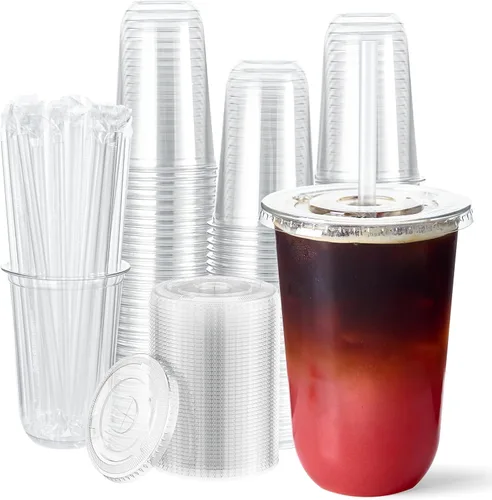 Miniatura 8 de Vplus Paquete de 100 tazas de café helado de 12 onzas con tapas, vasos de plástico desechables con tapas y popotes para bebidas frías, jugos