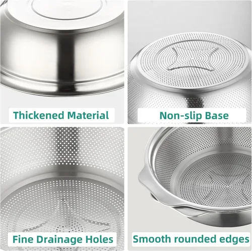 Miniatura 8 de Colador de acero inoxidable para cocina de 2 cuartos de galón, colador microporoso con tazón para mezclar, colador de arroz para lavar verduras