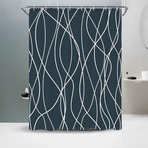 Miniatura 57 de Juego de cortinas de ducha azul egeo para baño con ganchos, cortinas de baño decorativas repelentes al agua y lavables con rayas blancas, 72 x 72