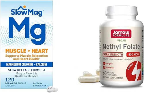 SlowMag - Cloruro de magnesio muscular + corazón con calcio y folato de metilo Jarrow para cardiovascular, salud neurológica y apoyo muscular