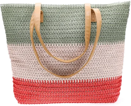 Miniatura 28 de Bolso grande de paja para mujer, tejido de ratán, bolso de playa de verano, a rayas