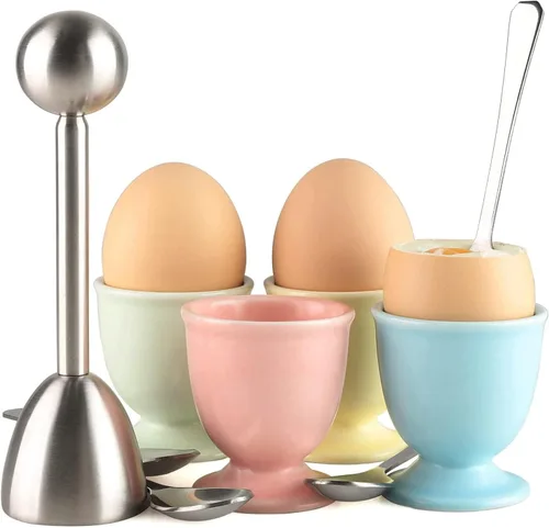 Juego de tapas de cerámica para huevos duros y suaves, incluye 1 cortador de huevos, 4 tazas de cerámica y 4 cucharas (juego de galletas de huevo)