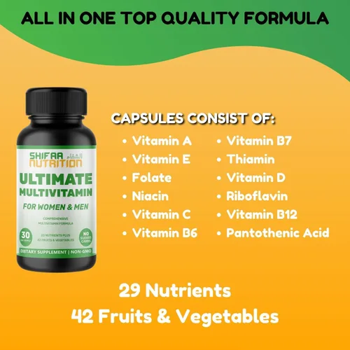 Miniatura 7 de SHIFAA NUTRITION Multivitaminas halal para mujeres, hombres y adultos, 30 porciones Hierro, vitamina A, B6, B12, biotina, niacina, C, D3, E, zinc