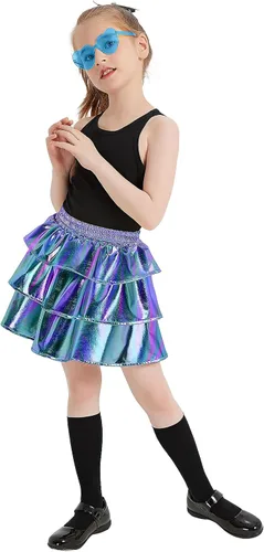 Miniatura 6 de techcity Falda metálica brillante de 3 capas con volantes para niñas, ropa de disfraz de fiesta de baile para niñas de 4 a 13 años con gafas