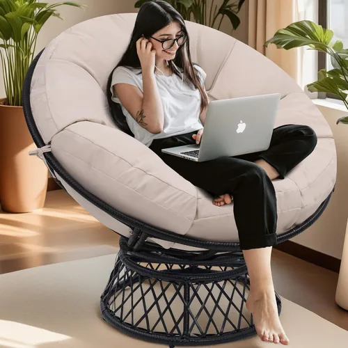 KROFEM Silla Papasan Gigante de Ratán Ergonómica Extragrande de 46" con Cojín Suave y Grueso para Adultos, Giro Fluido de 360°, Resistente al Agua,
