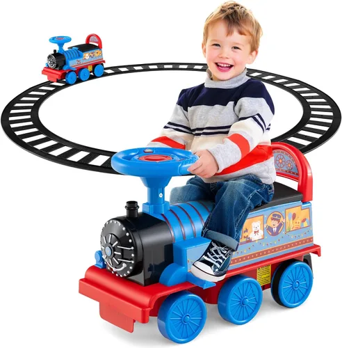 Miniatura 11 de OLAKIDS Tren para niños con pista, juguete eléctrico de 6V con luces y sonidos, reposapiés retráctil, almacenamiento debajo del asiento, tema