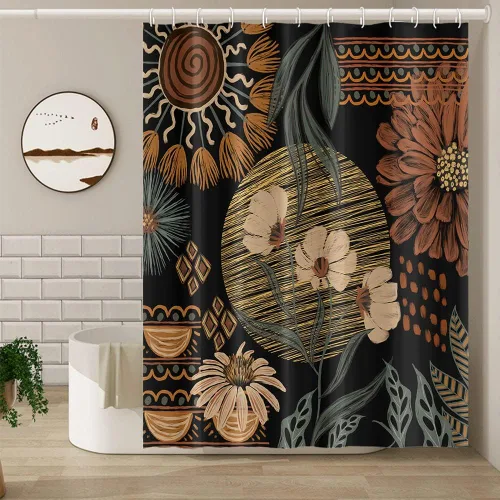 Cortina de Ducha Floral Bohemia Negra Flores de Mediados de Siglo Botánica Moderna Elegante Estética Cortina de Ducha para Decoración de Baño