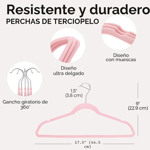 Miniatura 7 de HOUSE DAY - Paquete de 50 ganchos de terciopelo premium en color rosa, ganchos de fieltro aterciopelados antideslizantes, percha de ropa resistente