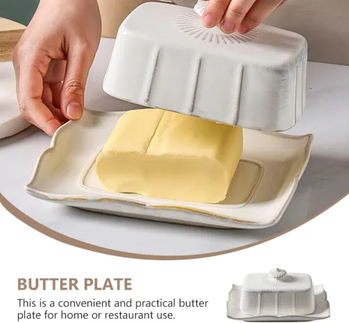 Miniatura 8 de Hemoton Mantequillera de cerámica con tapa de 7.59 x 5.59 x 3.54 pulgadas, caja de mantequilla cubierta para cocina, alimentos, servir queso